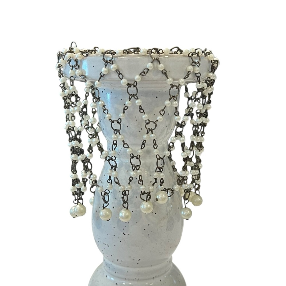 Vintage Clear Silver Chain & Beads Jacket For Candle Pillar Or Bottle 4” X 5”